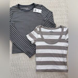 Hollister Striped Gray and White Tops